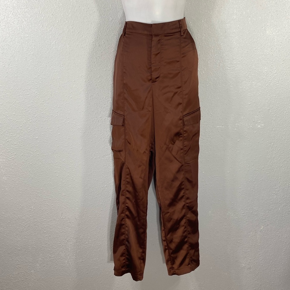 House of Harlow 1960 Chocolate Brown Satin Cargo Pants 8 - Picture 5 of 9